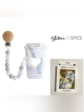 🆕GLITTER & SPICE - NWT - GREY MARBLE COFFEE SILICONE TEETHER / PACIFIER CLIP